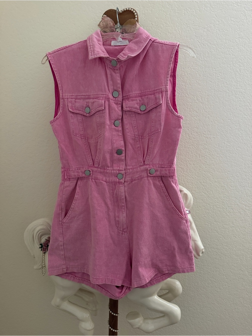 Pink Sleeveless Denim Romper - One Piece-Small-Day + Moon